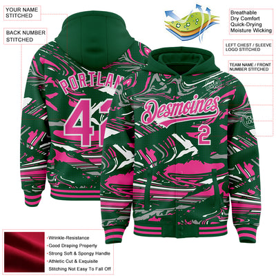 Custom Figure Pink Kelly Green-White Fluid Pattern Bomber Full-Snap Varsity Letterman Hoodie Jacket