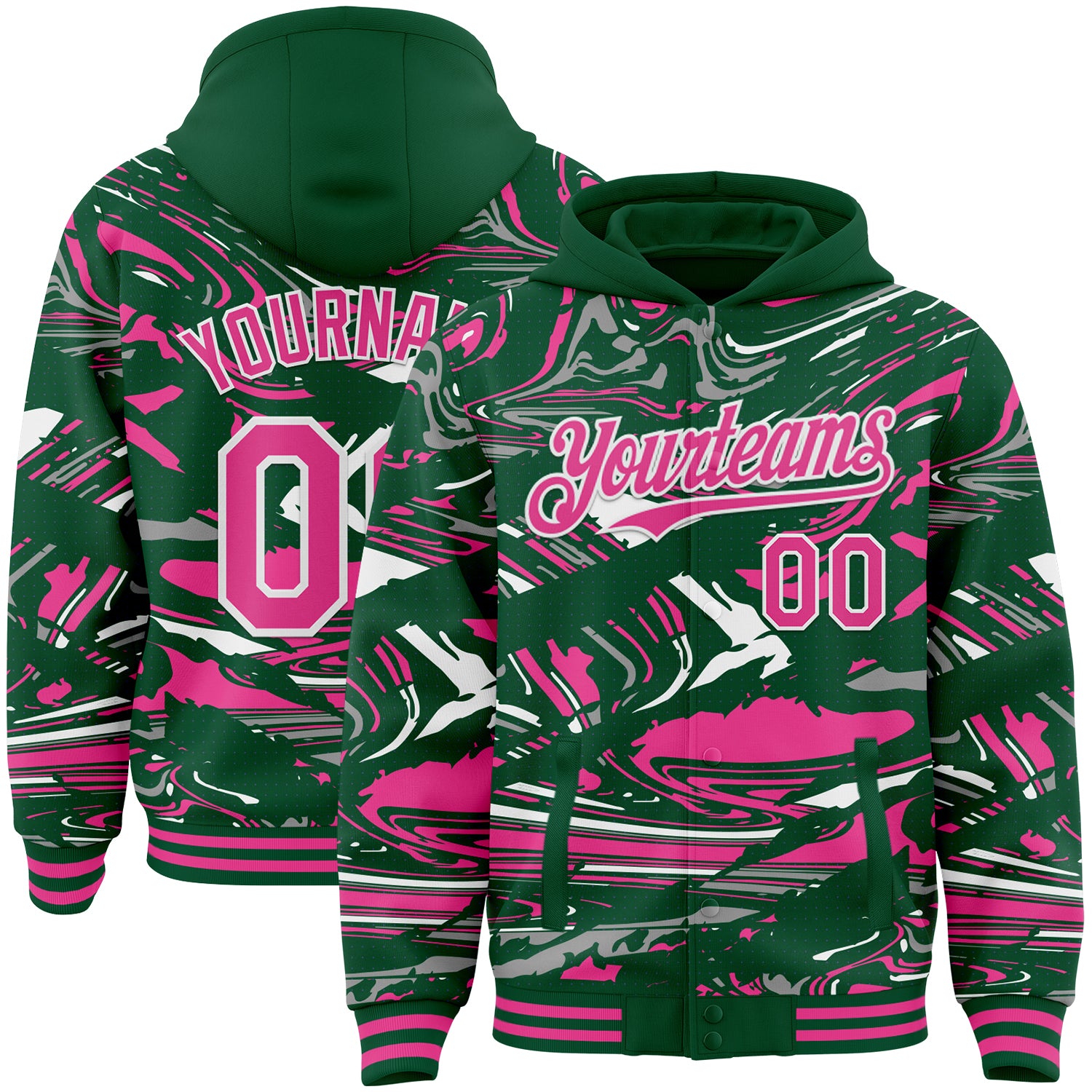 Custom Figure Pink Kelly Green-White Fluid Pattern Bomber Full-Snap Varsity Letterman Hoodie Jacket