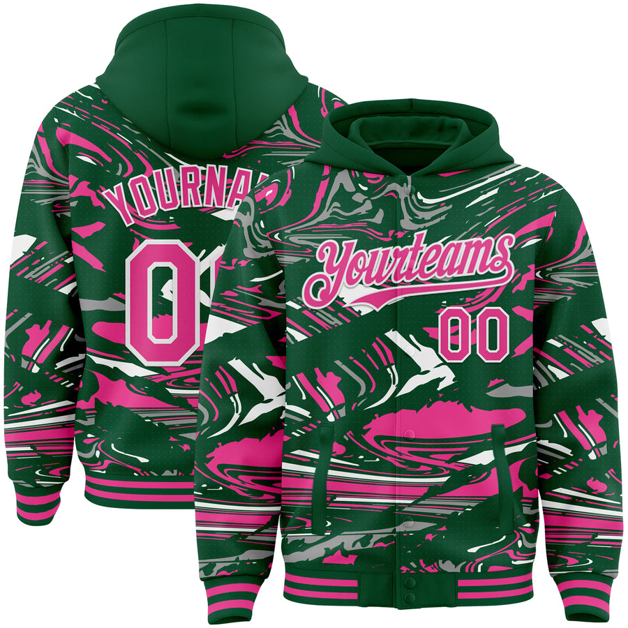 Custom Figure Pink Kelly Green-White Fluid Pattern Bomber Full-Snap Varsity Letterman Hoodie Jacket