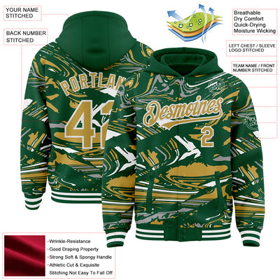 Custom Figure Old Gold Kelly Green-White Fluid Pattern Bomber Full-Snap Varsity Letterman Hoodie Jacket