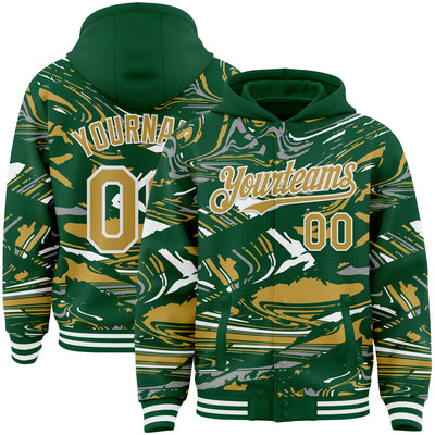Custom Figure Old Gold Kelly Green-White Fluid Pattern Bomber Full-Snap Varsity Letterman Hoodie Jacket
