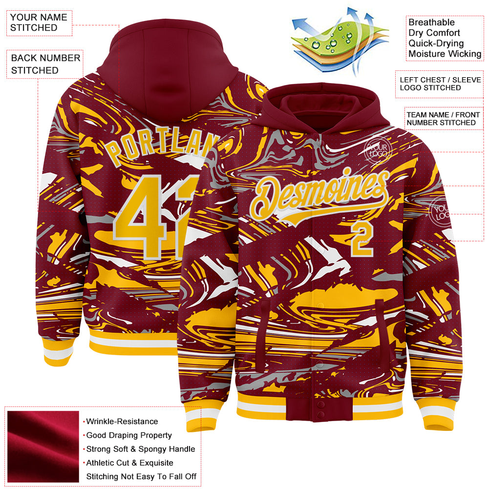 Custom Figure Gold Crimson-White Fluid Pattern Bomber Full-Snap Varsity Letterman Hoodie Jacket