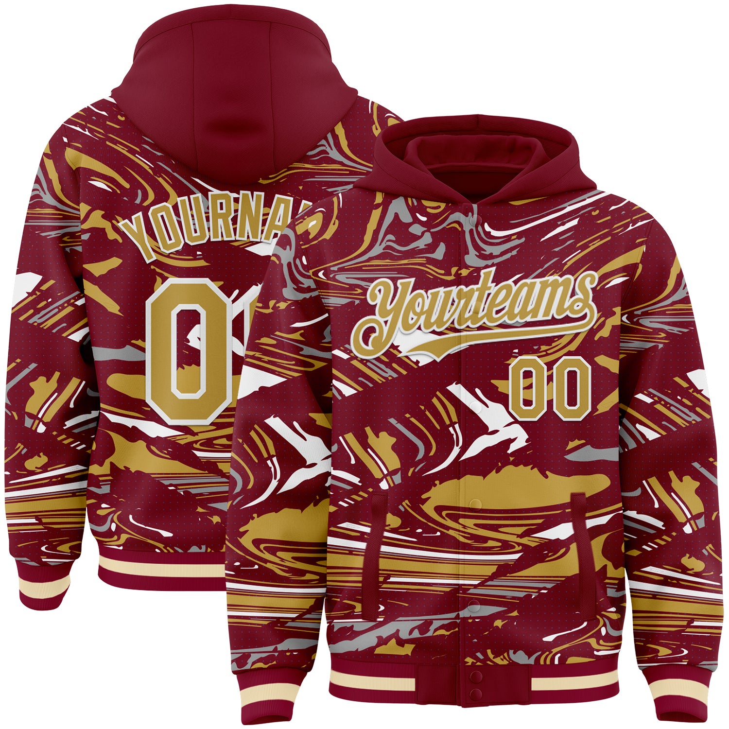 Custom Figure Old Gold Crimson Cream-White Fluid Pattern Bomber Full-Snap Varsity Letterman Hoodie Jacket