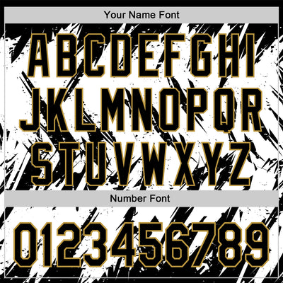 Custom Black White-Old Gold Abstract Sharp Shape Fragment Pattern Bomber Full-Snap Varsity Letterman Hoodie Jacket