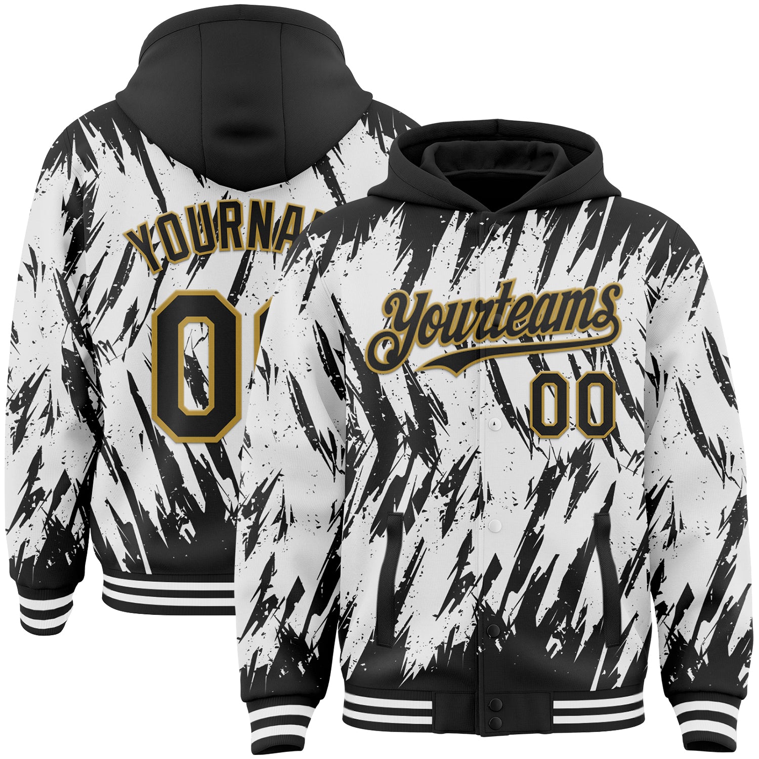 Custom Black White-Old Gold Abstract Sharp Shape Fragment Pattern Bomber Full-Snap Varsity Letterman Hoodie Jacket