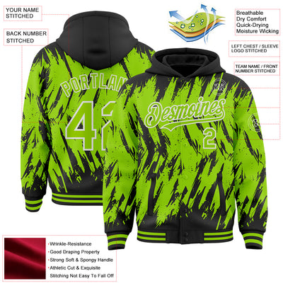 Custom Black Neon Green-White Abstract Sharp Shape Fragment Pattern Bomber Full-Snap Varsity Letterman Hoodie Jacket