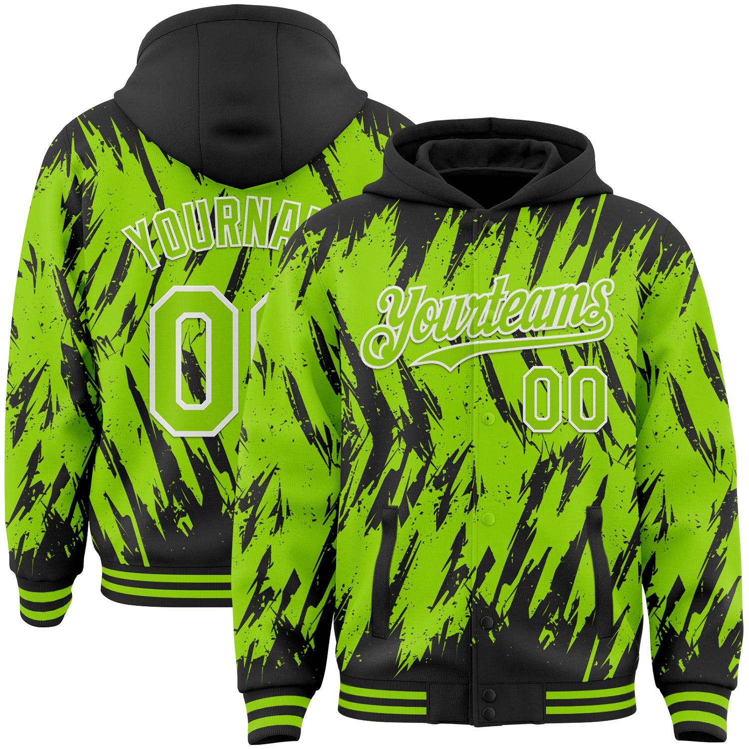 Custom Black Neon Green-White Abstract Sharp Shape Fragment Pattern Bomber Full-Snap Varsity Letterman Hoodie Jacket