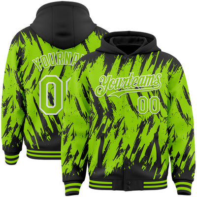 Custom Black Neon Green-White Abstract Sharp Shape Fragment Pattern Bomber Full-Snap Varsity Letterman Hoodie Jacket