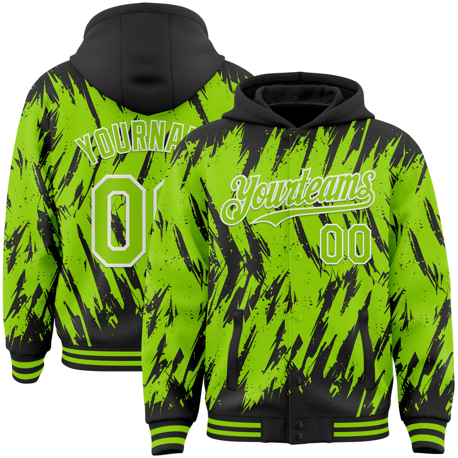 Custom Black Neon Green-White Abstract Sharp Shape Fragment Pattern Bomber Full-Snap Varsity Letterman Hoodie Jacket