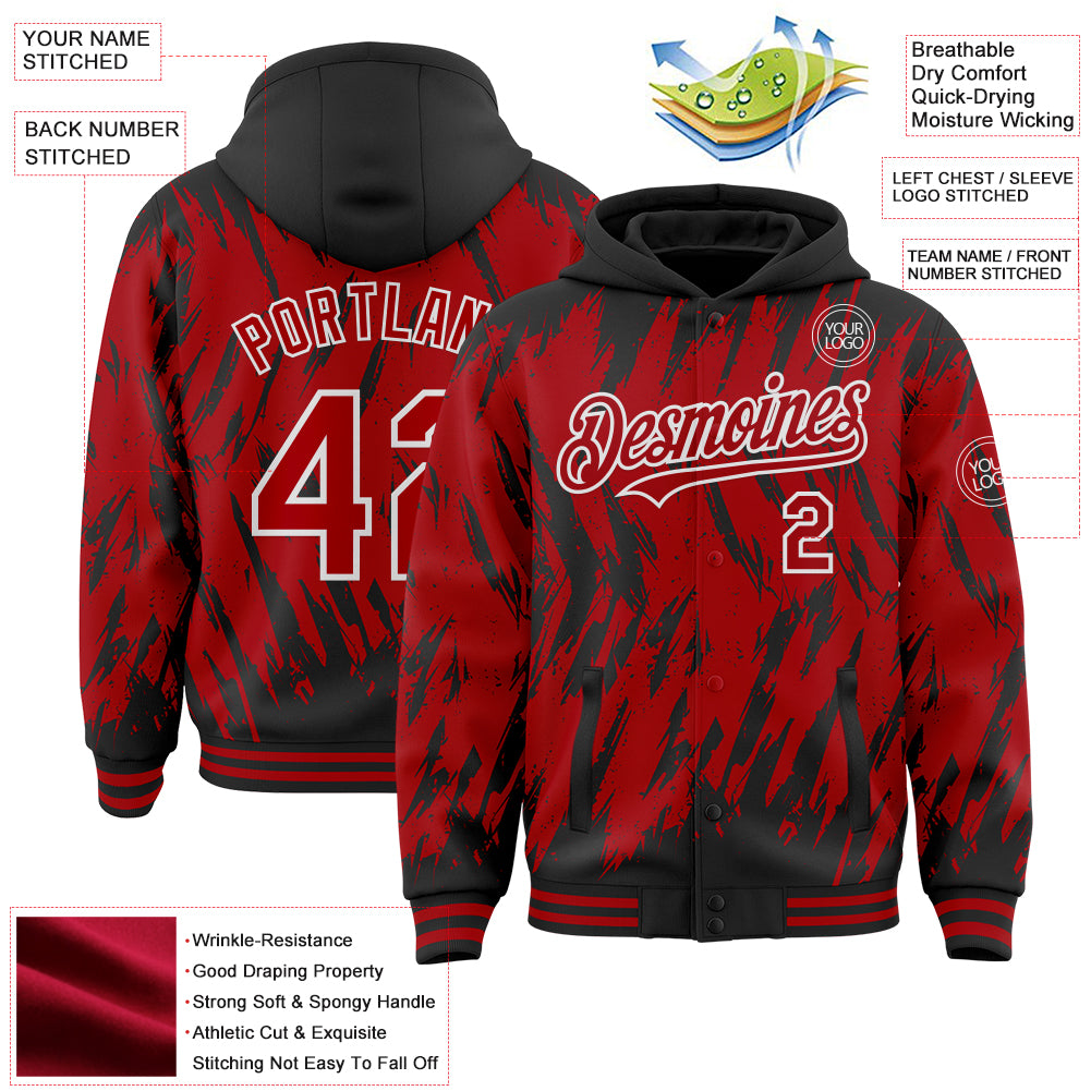 Custom Black Red-White Abstract Sharp Shape Fragment Pattern Bomber Full-Snap Varsity Letterman Hoodie Jacket