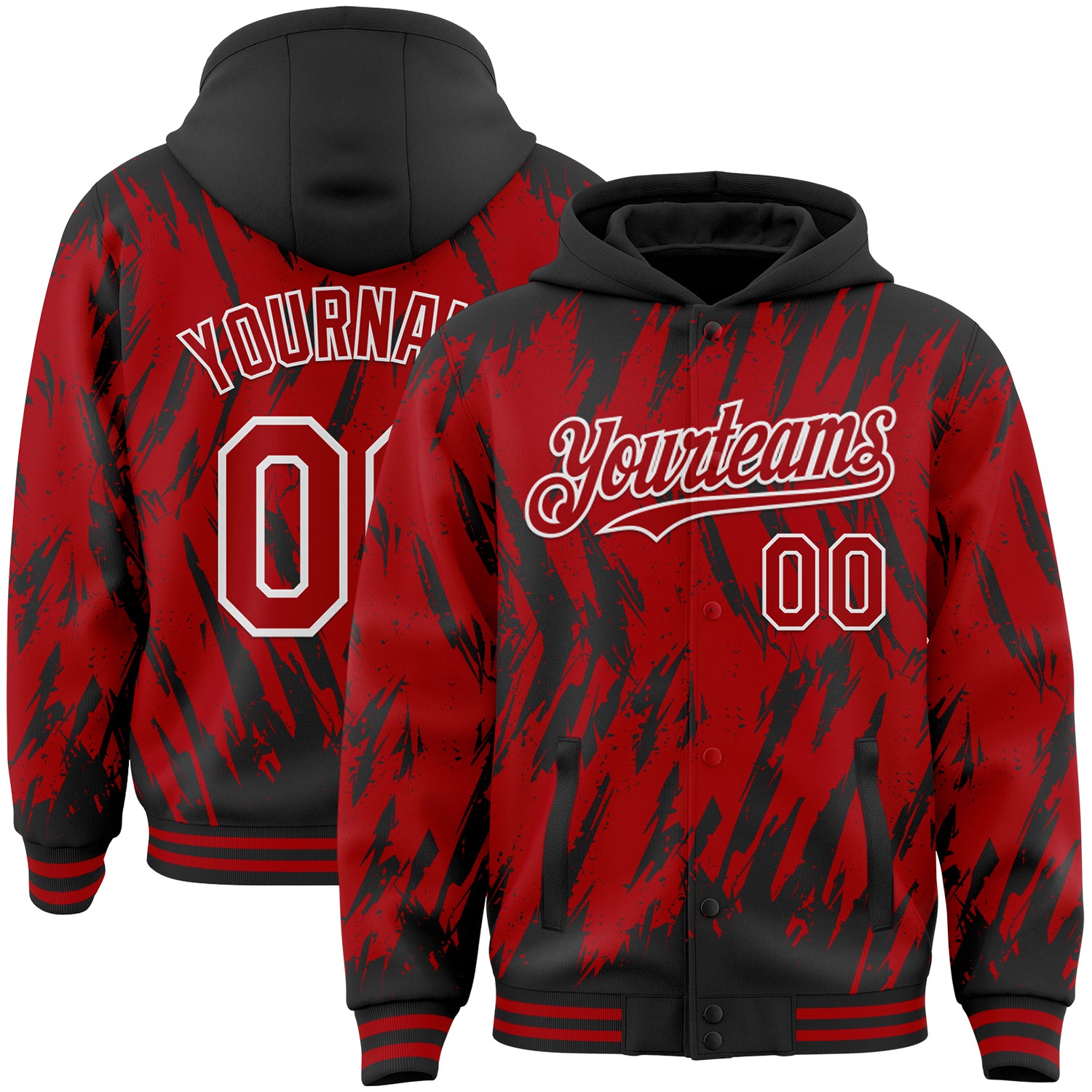 Custom Black Red-White Abstract Sharp Shape Fragment Pattern Bomber Full-Snap Varsity Letterman Hoodie Jacket