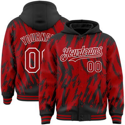 Custom Black Red-White Abstract Sharp Shape Fragment Pattern Bomber Full-Snap Varsity Letterman Hoodie Jacket