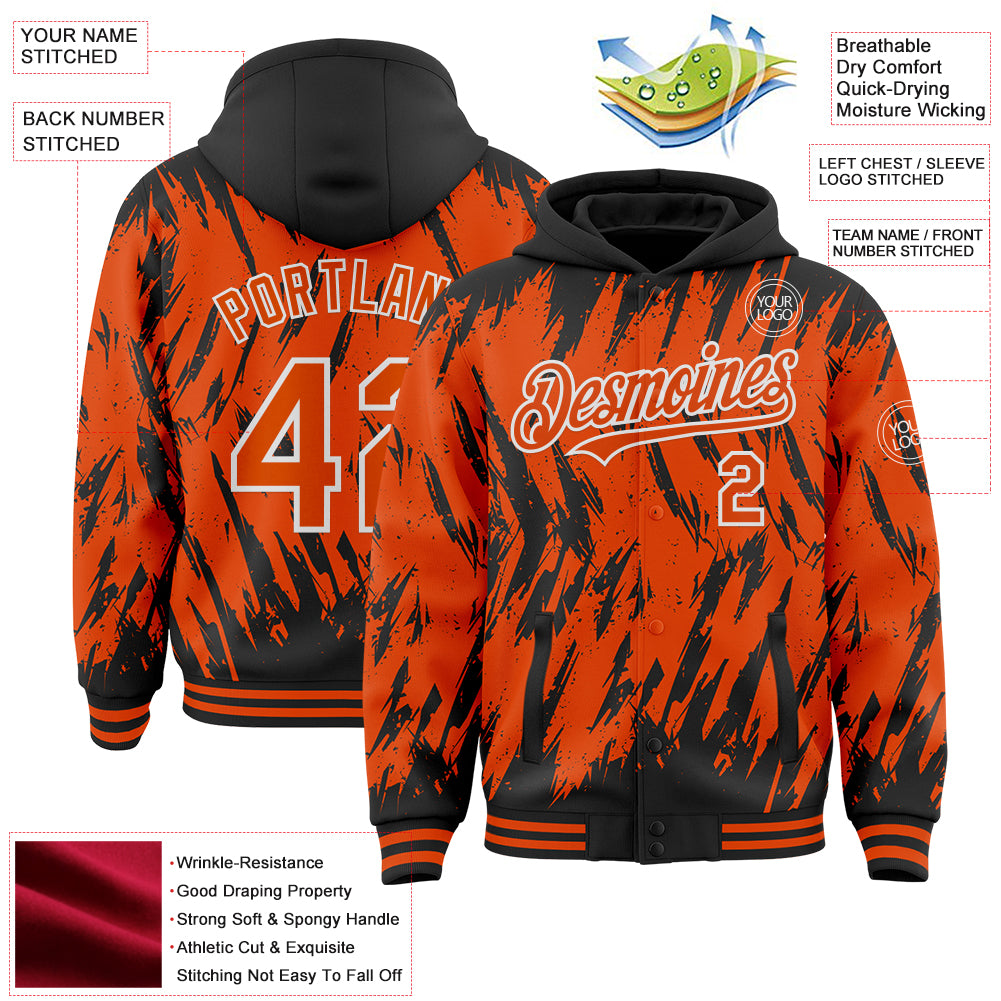 Custom Black Orange-White Abstract Sharp Shape Fragment Pattern Bomber Full-Snap Varsity Letterman Hoodie Jacket