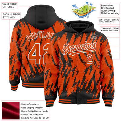 Custom Black Orange-White Abstract Sharp Shape Fragment Pattern Bomber Full-Snap Varsity Letterman Hoodie Jacket