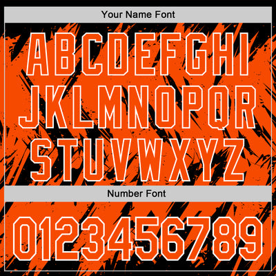 Custom Black Orange-White Abstract Sharp Shape Fragment Pattern Bomber Full-Snap Varsity Letterman Hoodie Jacket