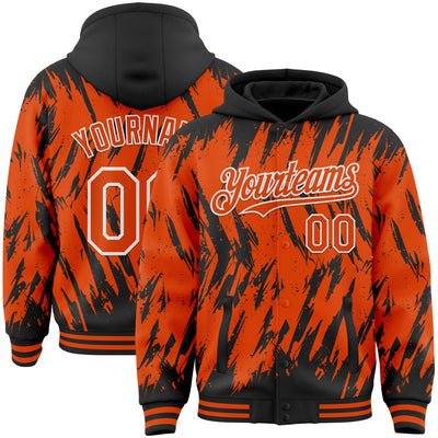Custom Black Orange-White Abstract Sharp Shape Fragment Pattern Bomber Full-Snap Varsity Letterman Hoodie Jacket