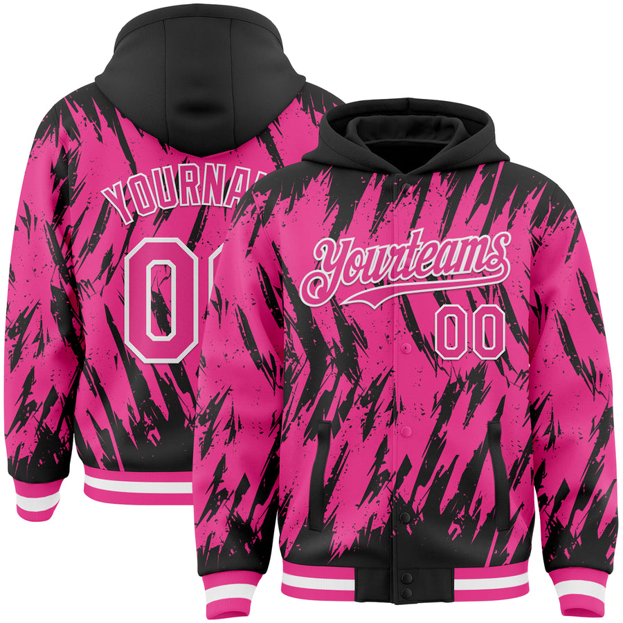 Custom Black Pink-White Abstract Sharp Shape Fragment Pattern Bomber Full-Snap Varsity Letterman Hoodie Jacket