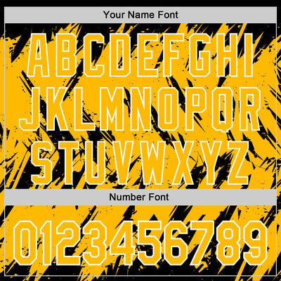 Custom Black Gold-White Abstract Sharp Shape Fragment Pattern Bomber Full-Snap Varsity Letterman Hoodie Jacket