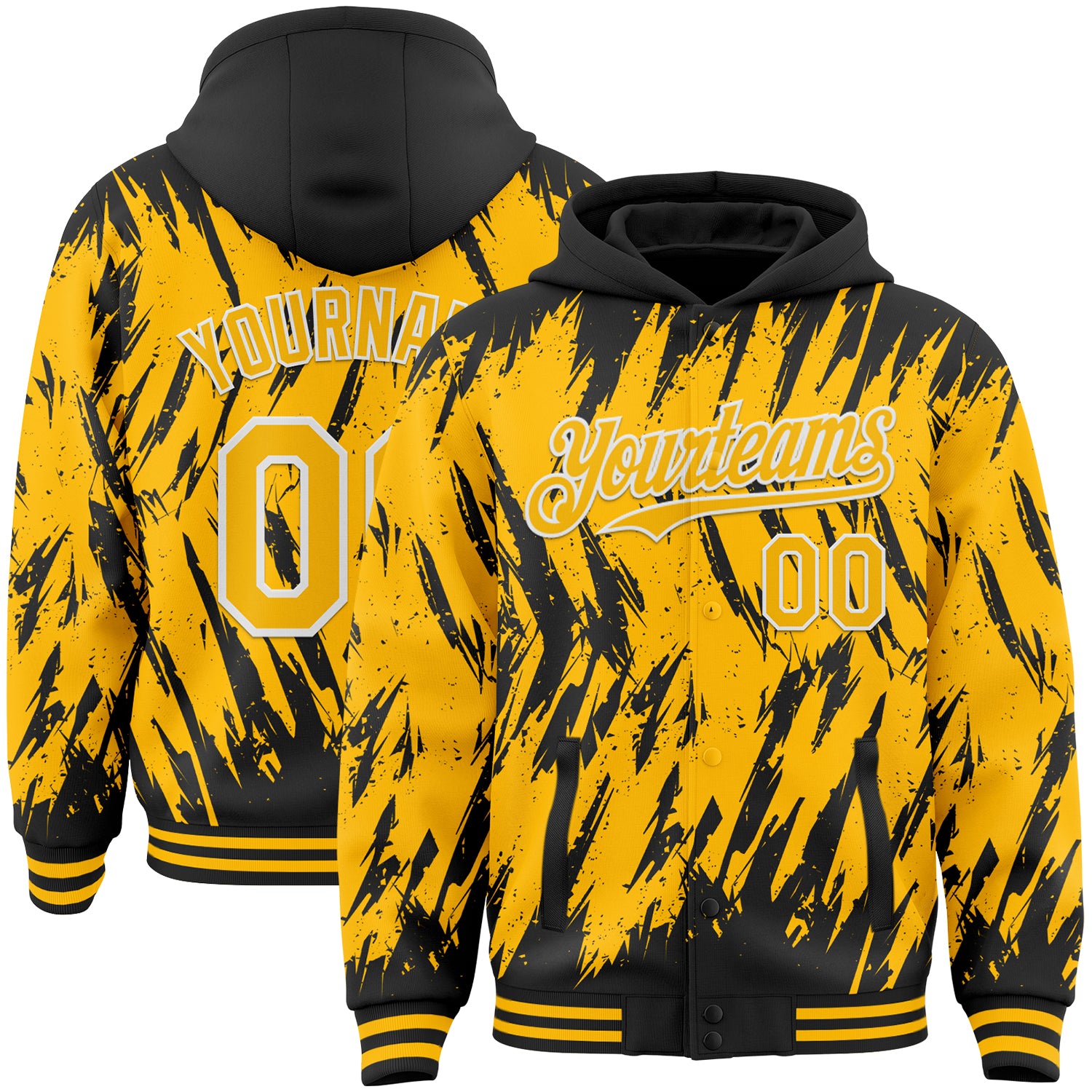 Custom Black Gold-White Abstract Sharp Shape Fragment Pattern Bomber Full-Snap Varsity Letterman Hoodie Jacket