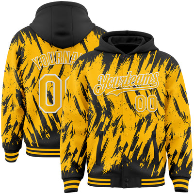 Custom Black Gold-White Abstract Sharp Shape Fragment Pattern Bomber Full-Snap Varsity Letterman Hoodie Jacket