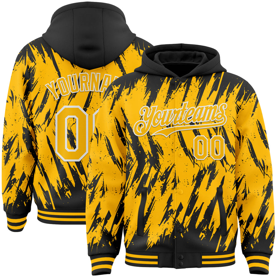 Custom Black Gold-White Abstract Sharp Shape Fragment Pattern Bomber Full-Snap Varsity Letterman Hoodie Jacket