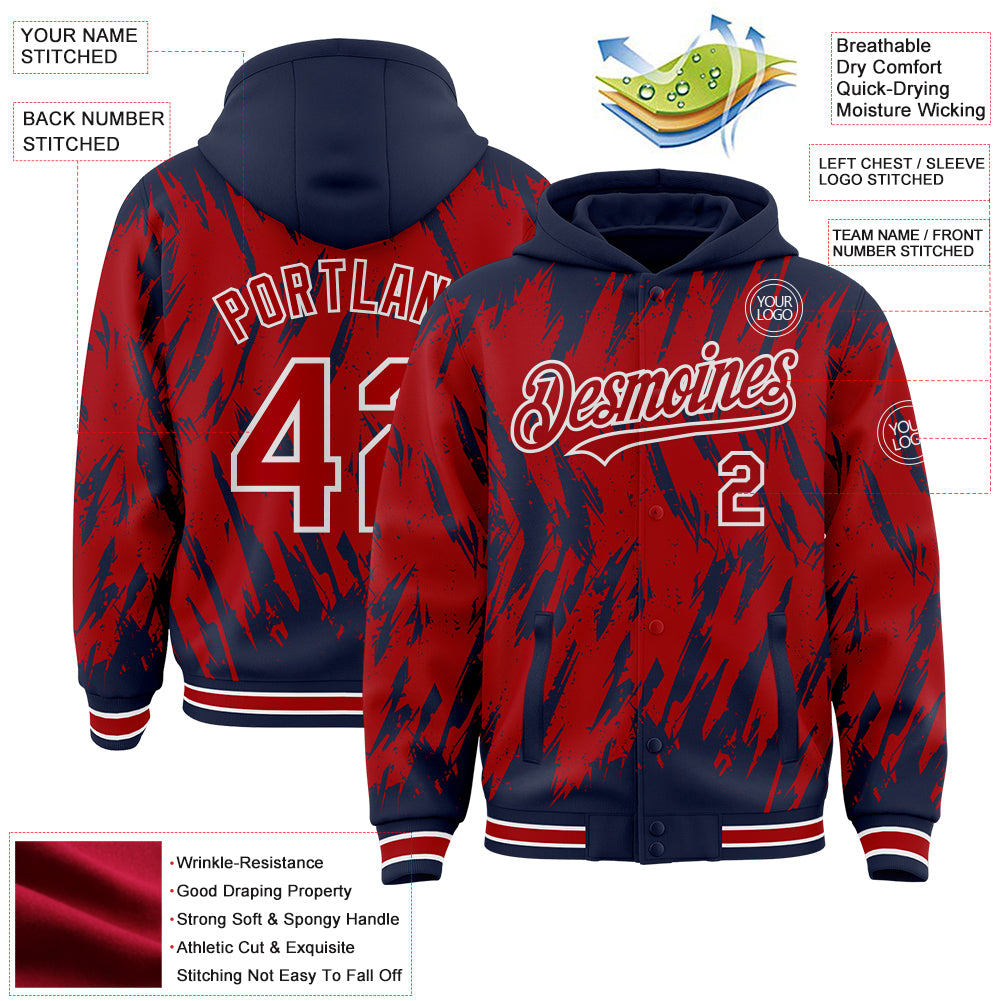 Custom Navy Red-White Abstract Sharp Shape Fragment Pattern Bomber Full-Snap Varsity Letterman Hoodie Jacket