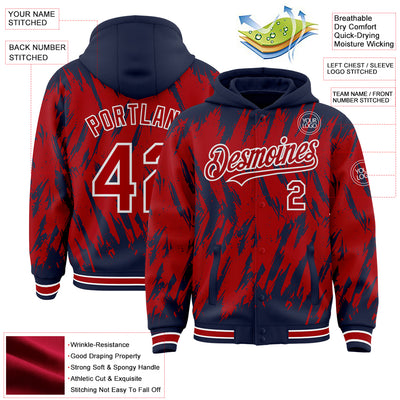 Custom Navy Red-White Abstract Sharp Shape Fragment Pattern Bomber Full-Snap Varsity Letterman Hoodie Jacket