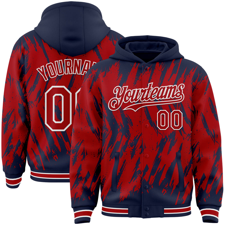 Custom Navy Red-White Abstract Sharp Shape Fragment Pattern Bomber Full-Snap Varsity Letterman Hoodie Jacket