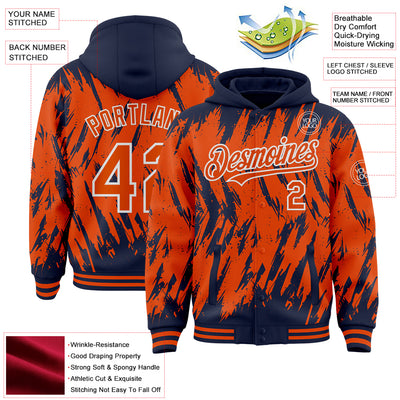 Custom Navy Orange-White Abstract Sharp Shape Fragment Pattern Bomber Full-Snap Varsity Letterman Hoodie Jacket
