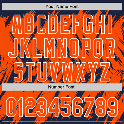 Custom Navy Orange-White Abstract Sharp Shape Fragment Pattern Bomber Full-Snap Varsity Letterman Hoodie Jacket