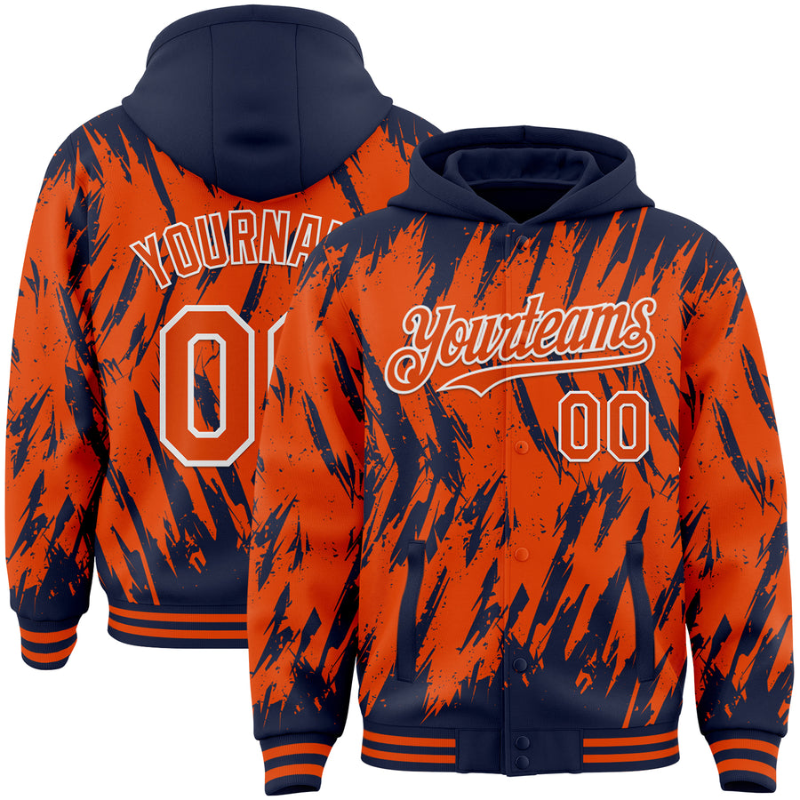 Custom Navy Orange-White Abstract Sharp Shape Fragment Pattern Bomber Full-Snap Varsity Letterman Hoodie Jacket