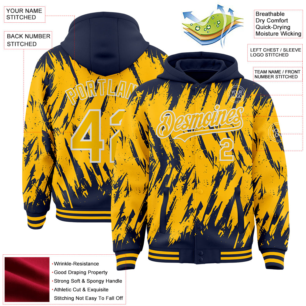 Custom Navy Gold-White Abstract Sharp Shape Fragment Pattern Bomber Full-Snap Varsity Letterman Hoodie Jacket