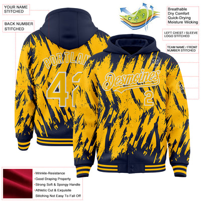 Custom Navy Gold-White Abstract Sharp Shape Fragment Pattern Bomber Full-Snap Varsity Letterman Hoodie Jacket