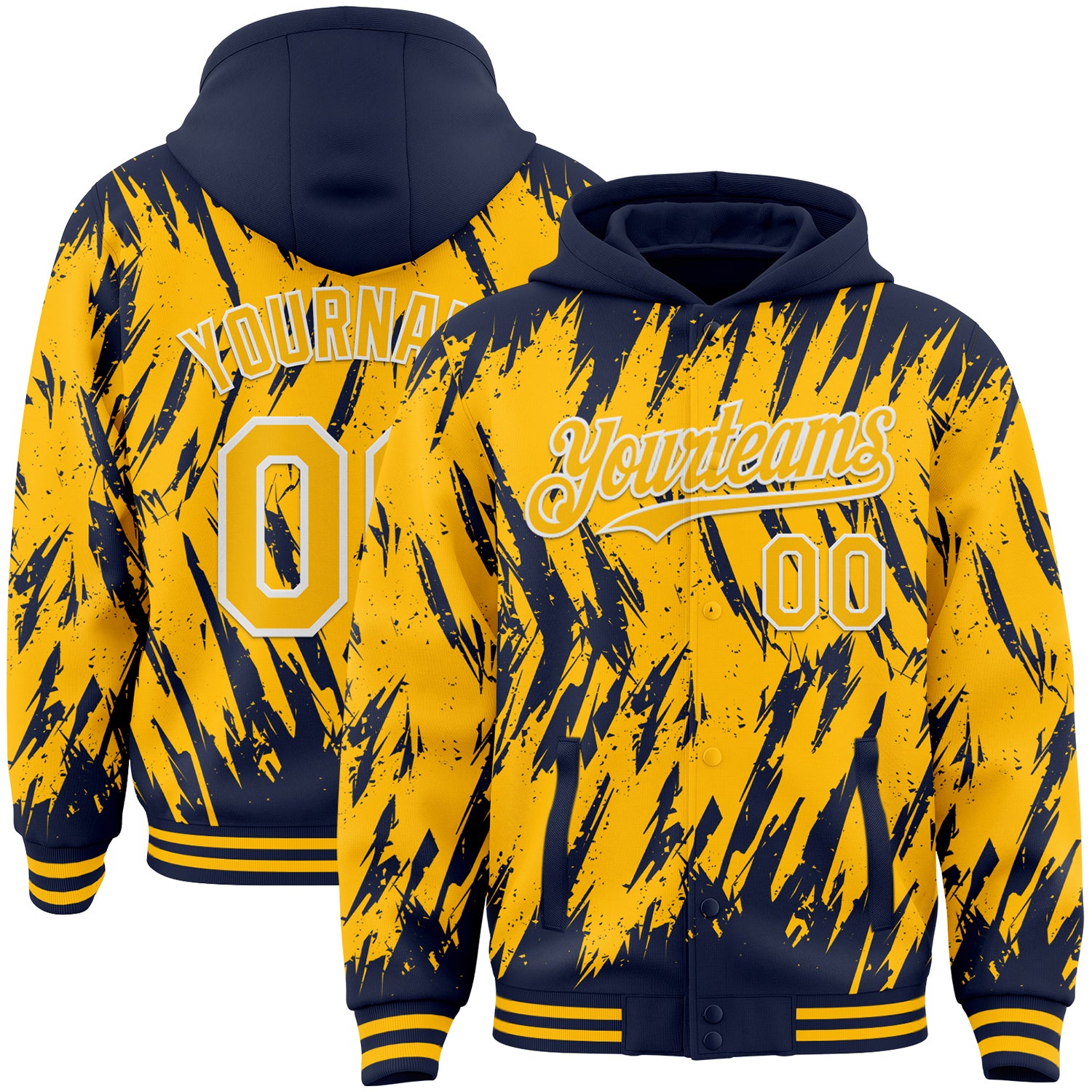 Custom Navy Gold-White Abstract Sharp Shape Fragment Pattern Bomber Full-Snap Varsity Letterman Hoodie Jacket