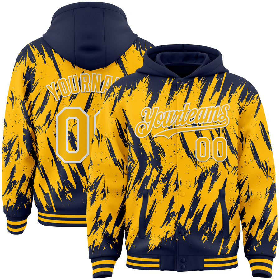 Custom Navy Gold-White Abstract Sharp Shape Fragment Pattern Bomber Full-Snap Varsity Letterman Hoodie Jacket