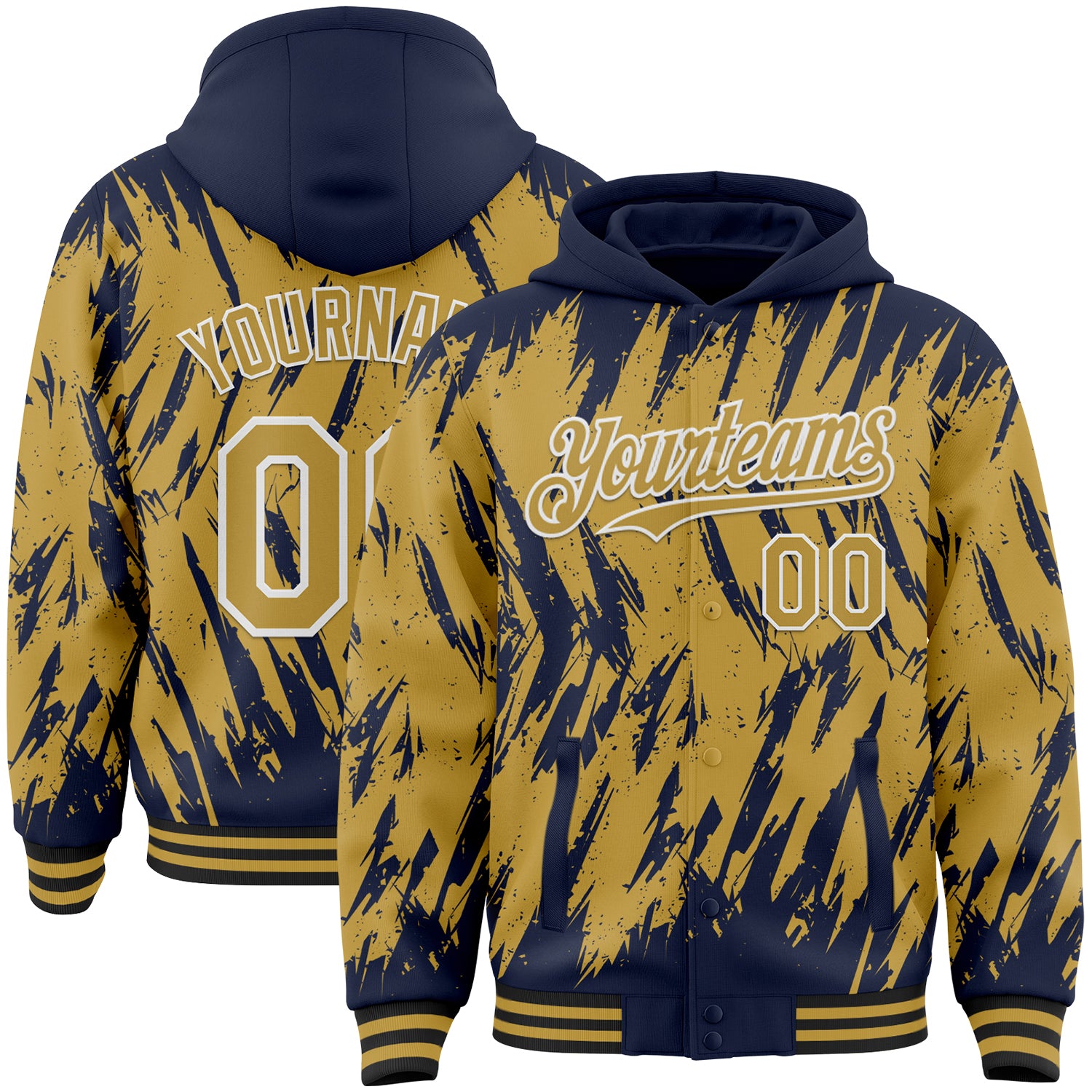 Custom Navy Old Gold Black-White Abstract Sharp Shape Fragment Pattern Bomber Full-Snap Varsity Letterman Hoodie Jacket