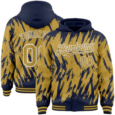 Custom Navy Old Gold Black-White Abstract Sharp Shape Fragment Pattern Bomber Full-Snap Varsity Letterman Hoodie Jacket