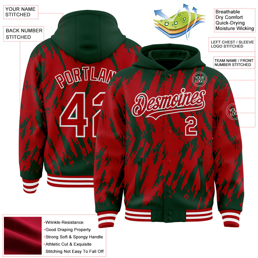 Custom Green Red-White Abstract Sharp Shape Fragment Pattern Bomber Full-Snap Varsity Letterman Hoodie Jacket