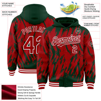 Custom Green Red-White Abstract Sharp Shape Fragment Pattern Bomber Full-Snap Varsity Letterman Hoodie Jacket