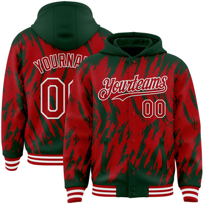 Custom Green Red-White Abstract Sharp Shape Fragment Pattern Bomber Full-Snap Varsity Letterman Hoodie Jacket