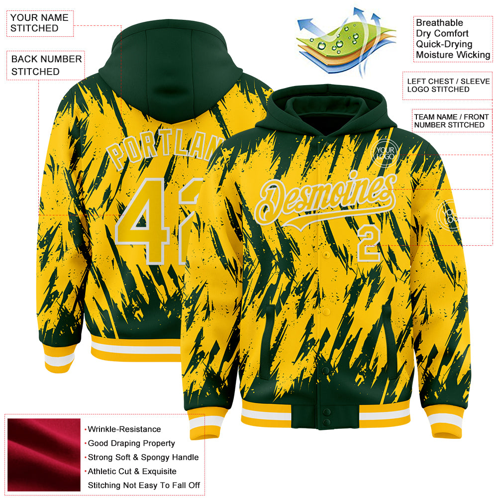 Custom Green Yellow Gold-White Abstract Sharp Shape Fragment Pattern Bomber Full-Snap Varsity Letterman Hoodie Jacket