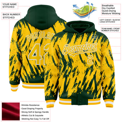 Custom Green Yellow Gold-White Abstract Sharp Shape Fragment Pattern Bomber Full-Snap Varsity Letterman Hoodie Jacket