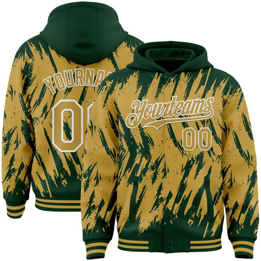 Custom Green Old Gold-White Abstract Sharp Shape Fragment Pattern Bomber Full-Snap Varsity Letterman Hoodie Jacket