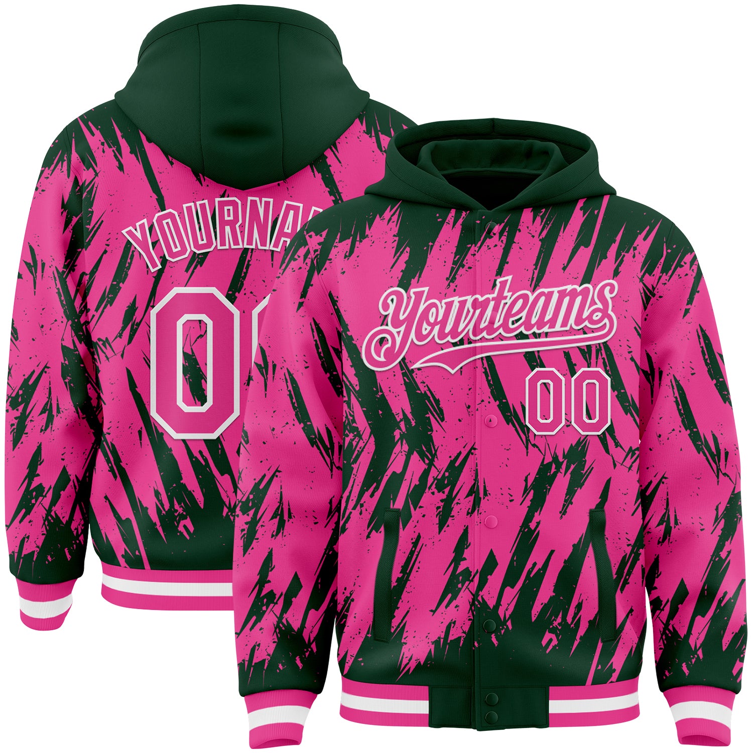 Custom Green Pink-White Abstract Sharp Shape Fragment Pattern Bomber Full-Snap Varsity Letterman Hoodie Jacket