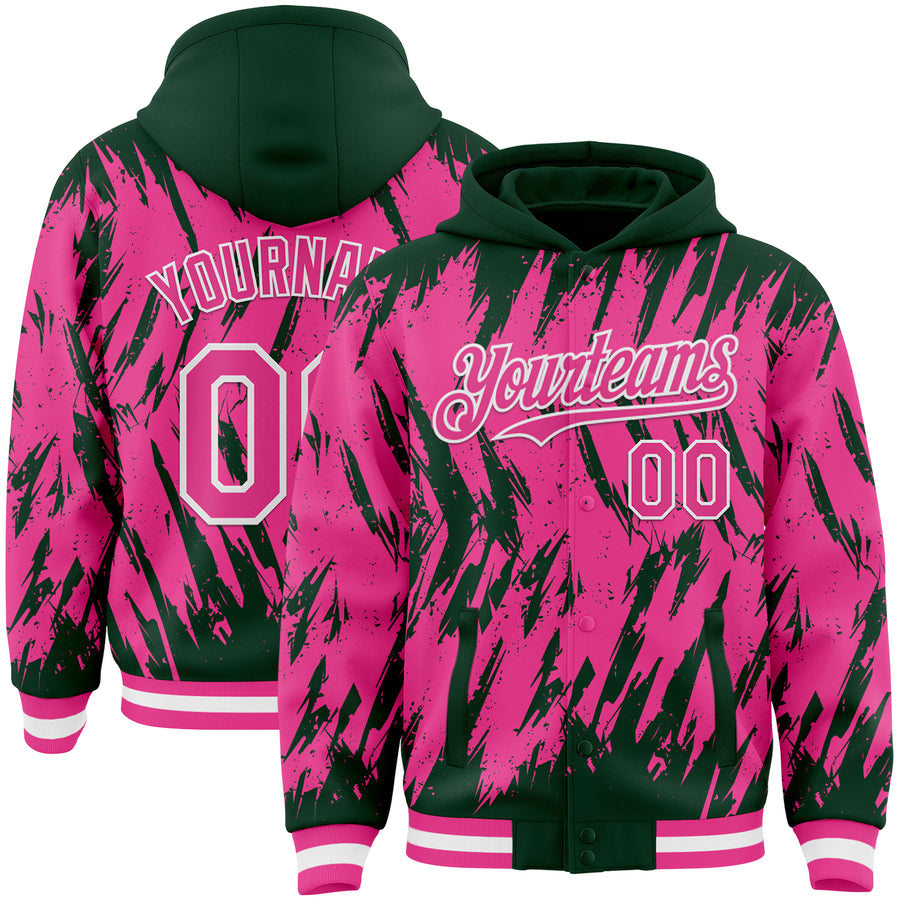 Custom Green Pink-White Abstract Sharp Shape Fragment Pattern Bomber Full-Snap Varsity Letterman Hoodie Jacket