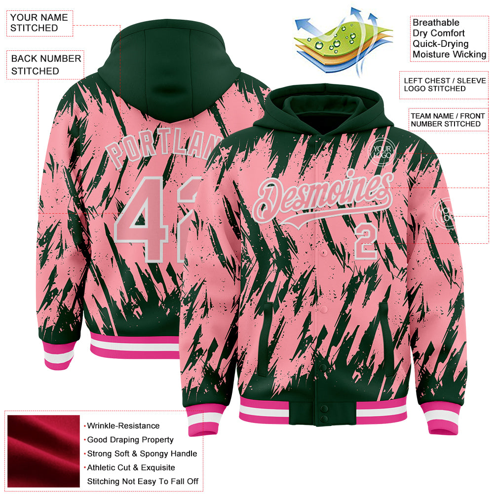 Custom Green Medium Pink-White Abstract Sharp Shape Fragment Pattern Bomber Full-Snap Varsity Letterman Hoodie Jacket