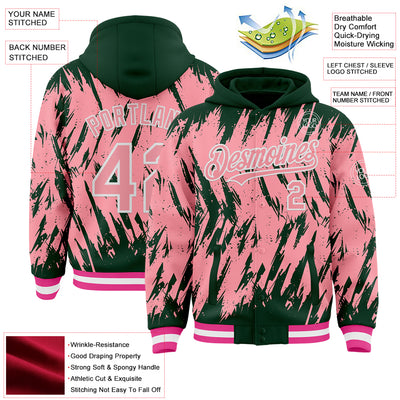Custom Green Medium Pink-White Abstract Sharp Shape Fragment Pattern Bomber Full-Snap Varsity Letterman Hoodie Jacket