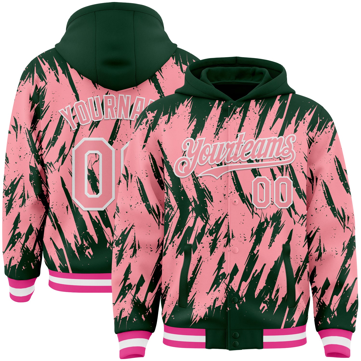 Custom Green Medium Pink-White Abstract Sharp Shape Fragment Pattern Bomber Full-Snap Varsity Letterman Hoodie Jacket