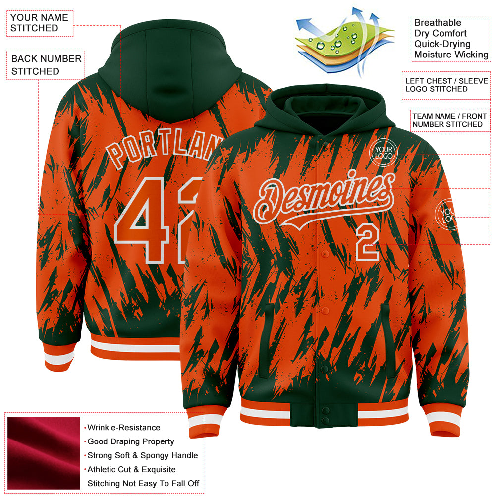 Custom Green Orange-White Abstract Sharp Shape Fragment Pattern Bomber Full-Snap Varsity Letterman Hoodie Jacket