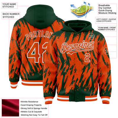 Custom Green Orange-White Abstract Sharp Shape Fragment Pattern Bomber Full-Snap Varsity Letterman Hoodie Jacket